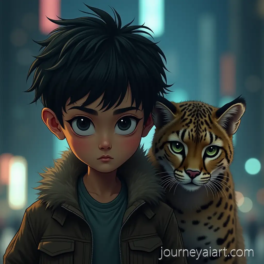 FierceHybrid-creature-in-urban-night-Hybrid-Creature-7YearOld-Korean-and-Persian-Boy-with-a-Cheetah-in-an-Urban-Nightscape