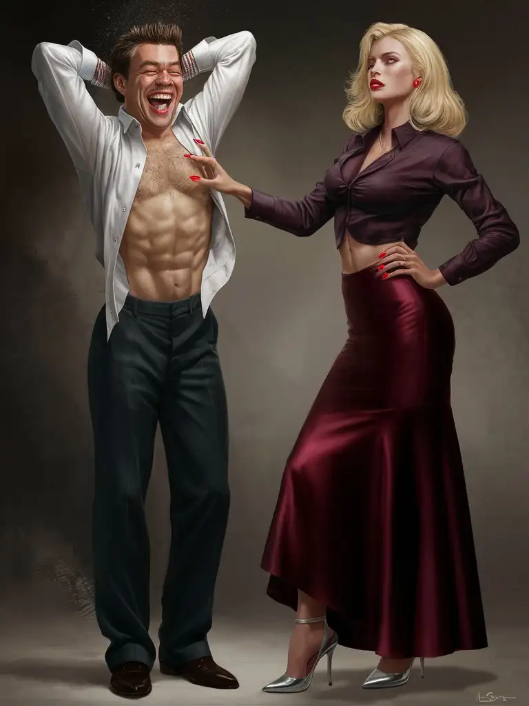 Caucasian-Man-Laughing-with-Tied-Hands-and-Woman-in-Dark-Red-Outfit