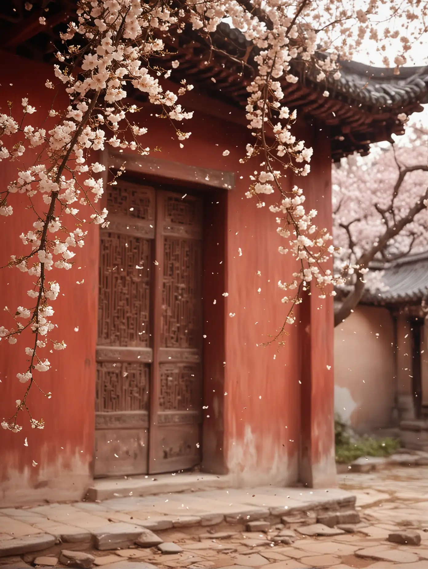 Spring, cherry blossoms falling on the red wall of an ancient Chinese building, closeup shot, bright and soft lighting, depth of field effect, warm colors, light white petals floating in midair, delicate petal details, and soft shadows cast by flowers. The scene is full of vitality. in the style of an ancient Chinese painting. --ar 9:16