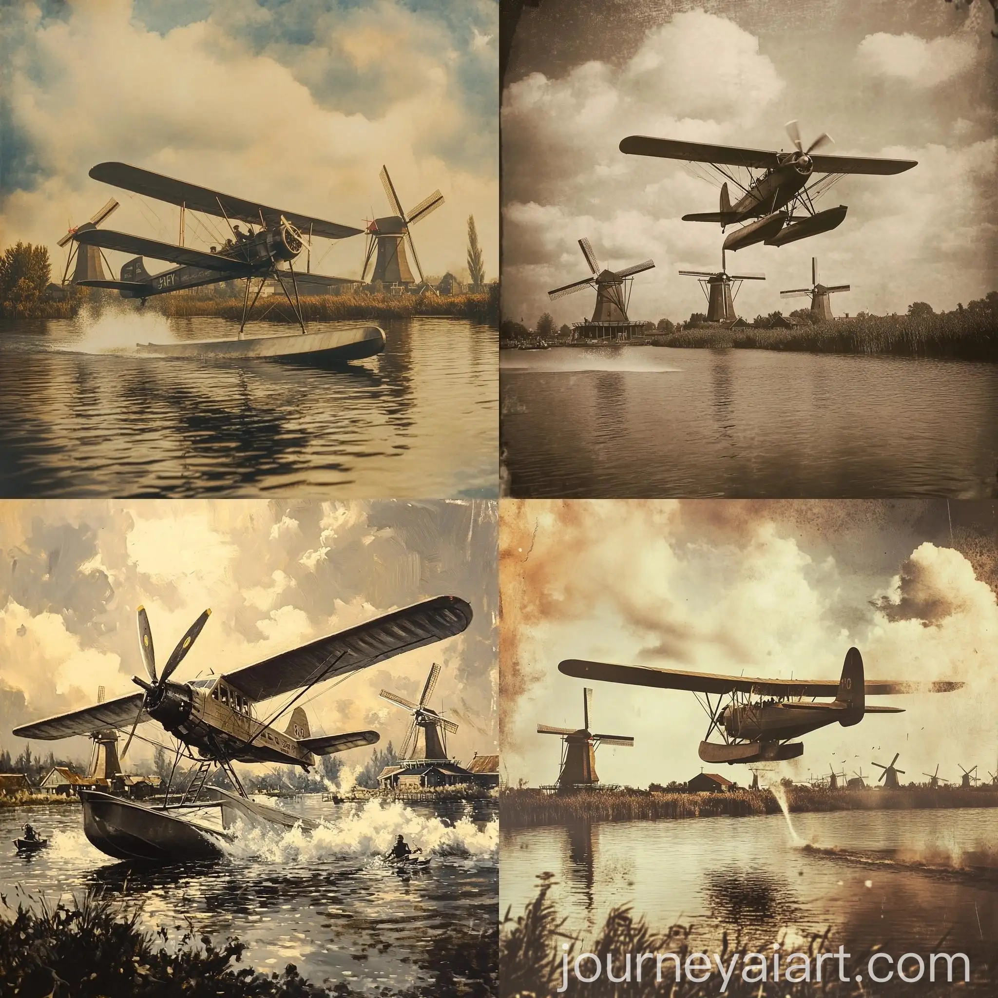 Early-1900s-Passenger-Water-Airplane-Landing-Near-Dutch-Windmills