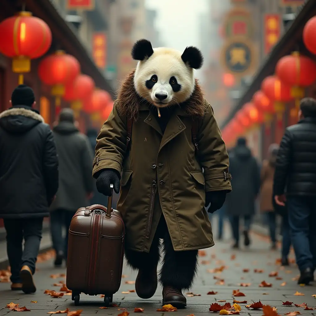 A panda wearing a human's overcoat, with a weary face, messy hair, disheveled clothes, holding a half-smoked cigarette in its mouth, carrying heavy and old luggage, walking in the early evening with crowds on the long street filled with fallen leaves. The shops along the street have spring couplets, firecrackers, knots as decorations representing traditional Chinese New Year. The whole scene has an indescribable sense of loneliness.