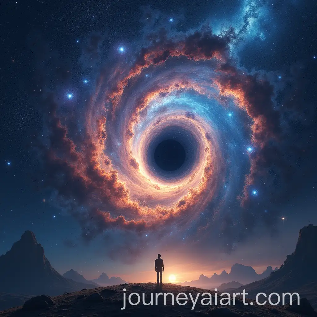 Lone-Figure-in-a-Cosmic-Landscape-of-Exploding-Stars-and-Swirling-Galaxies