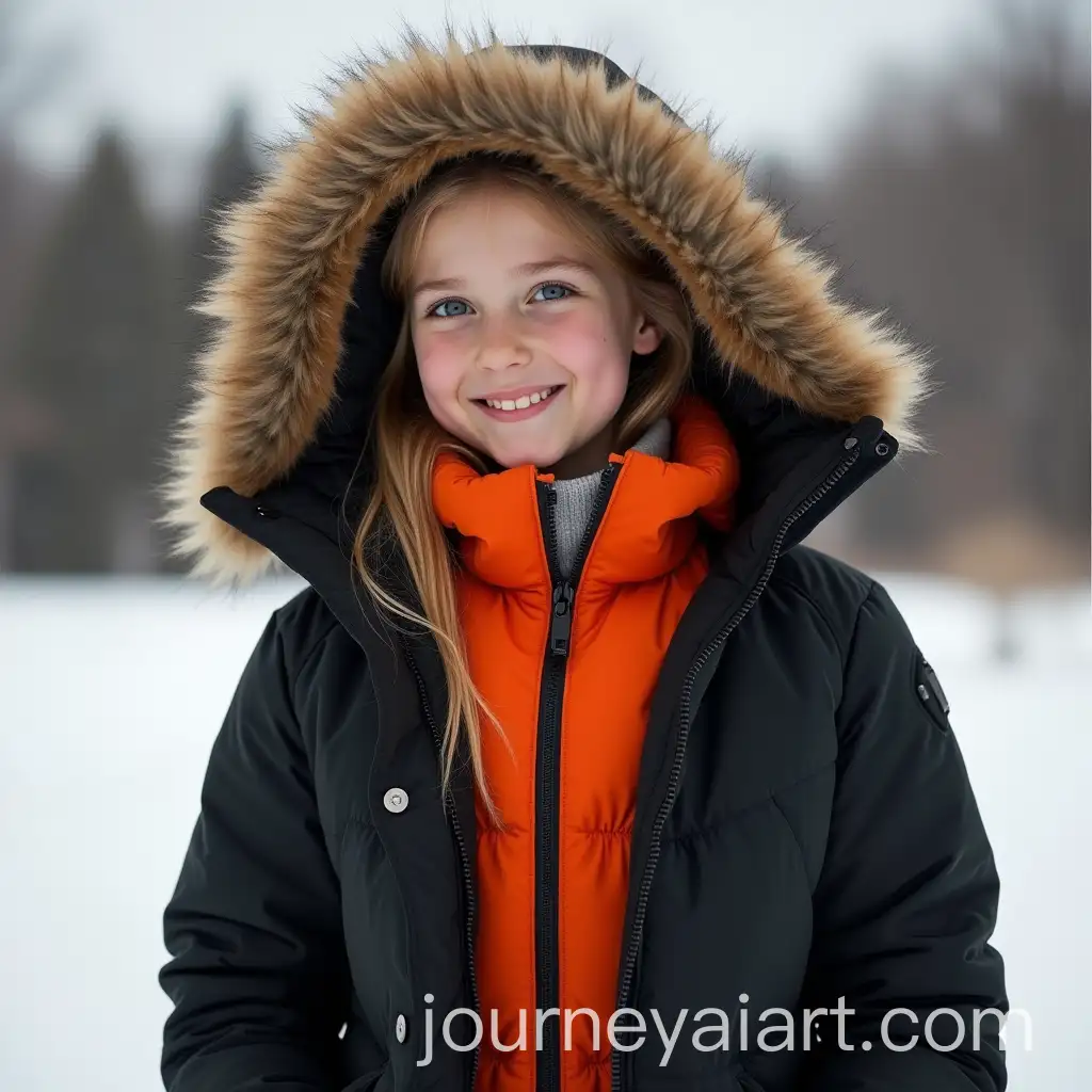 Girl-in-Open-Black-Winter-Puffy-Jacket-with-Orange-Lining