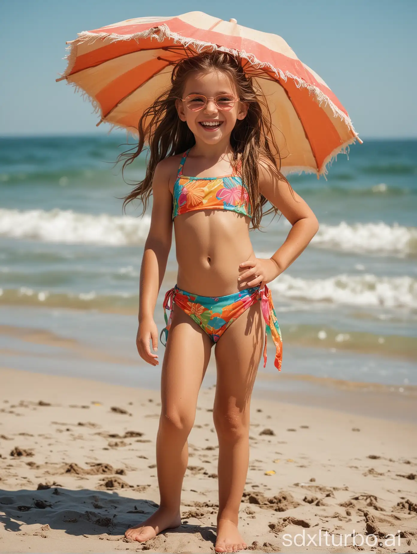 Subject: The main subject of the image is a 9-year-old girl.nSetting: The setting is a beach, indicated by the mention of sand and water.nBackground: The background could feature a sunny beach with waves gently crashing onto the shore, enhancing the summery vibe.nStyle/Coloring: The style could be vibrant and colorful, with bright hues to capture the lively atmosphere of a beach day.nAction: The girl is smiling, indicating joy and contentment. She might be posing confidently to showcase her muscular abs, suggesting pride or confidence.nItems: The girl is wearing a tiny swimsuit, emphasizing her physique. Perhaps there are beach toys or umbrellas in the background to add detail to the scene.nCostume/Appearance: The girl has long hair and wears a swimsuit, typical attire for a beach day. Her smile and confidence could be highlighted in her facial expression and posture.nAccessories: Accessories might include sunglasses, sunscreen, or a beach towel nearby, adding realism to the beach setting.
