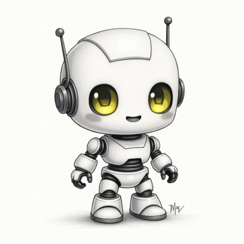 Draw me a cute robot character. Let its eyes have yellow lights. In the form of a 2D pencil drawing.