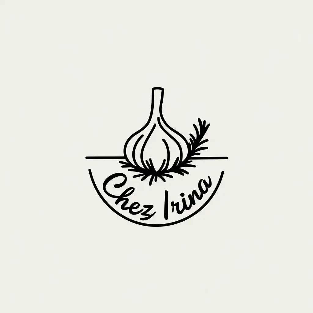 LOGO Design for Chez Irina Minimalistic Garlic Clove Rosemary Twig with Semicircular Text for Restaurant Industry