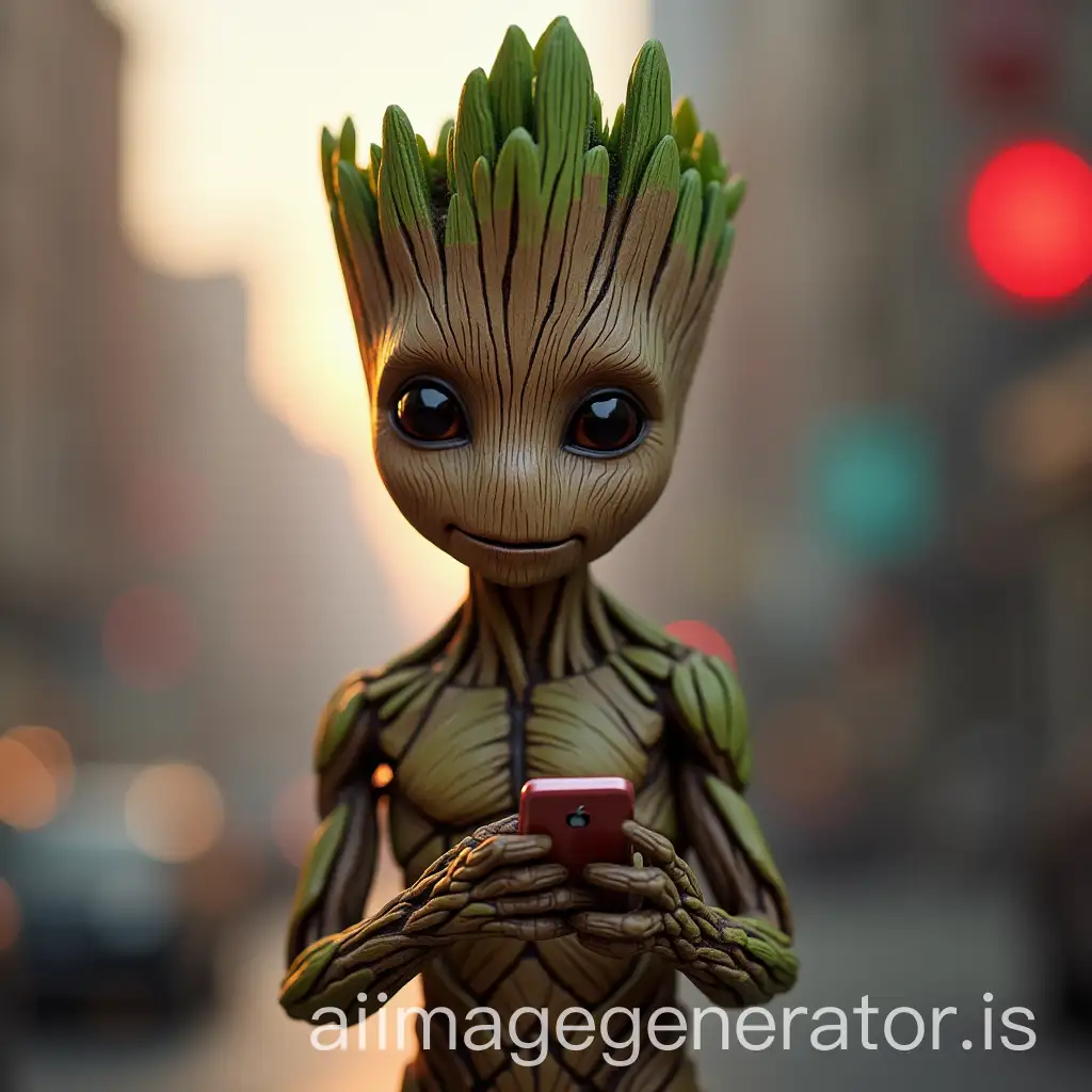 Baby-Groot-Using-a-Mobile-Phone-in-a-Cozy-Environment