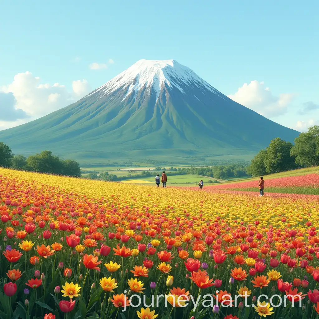 Colorful-Flower-Field-with-People-and-Snowy-Mountain-Background