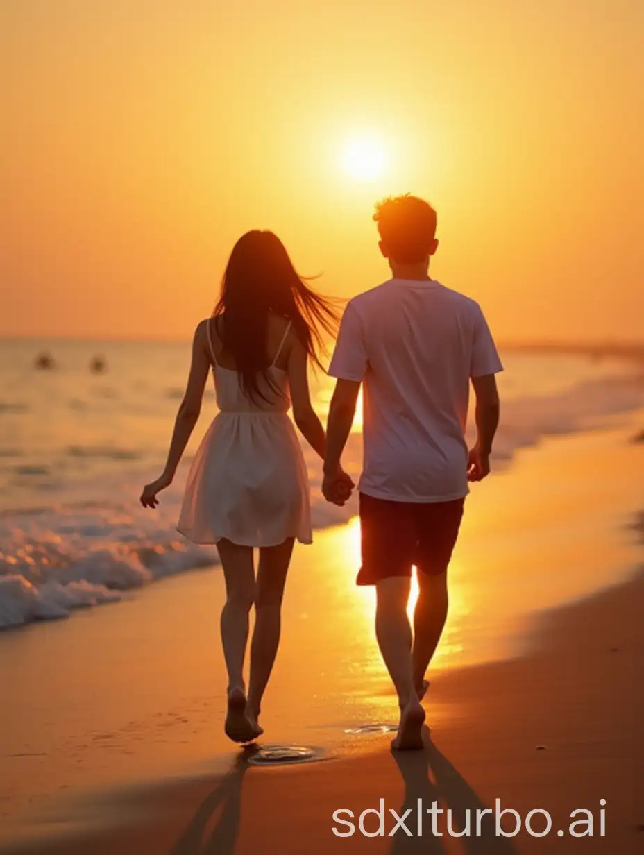 18 y.o chinese girl,super elegant,behind the perspective,a woman holding a man's hand,on the beach in the setting sun,running,from_below,from behind,