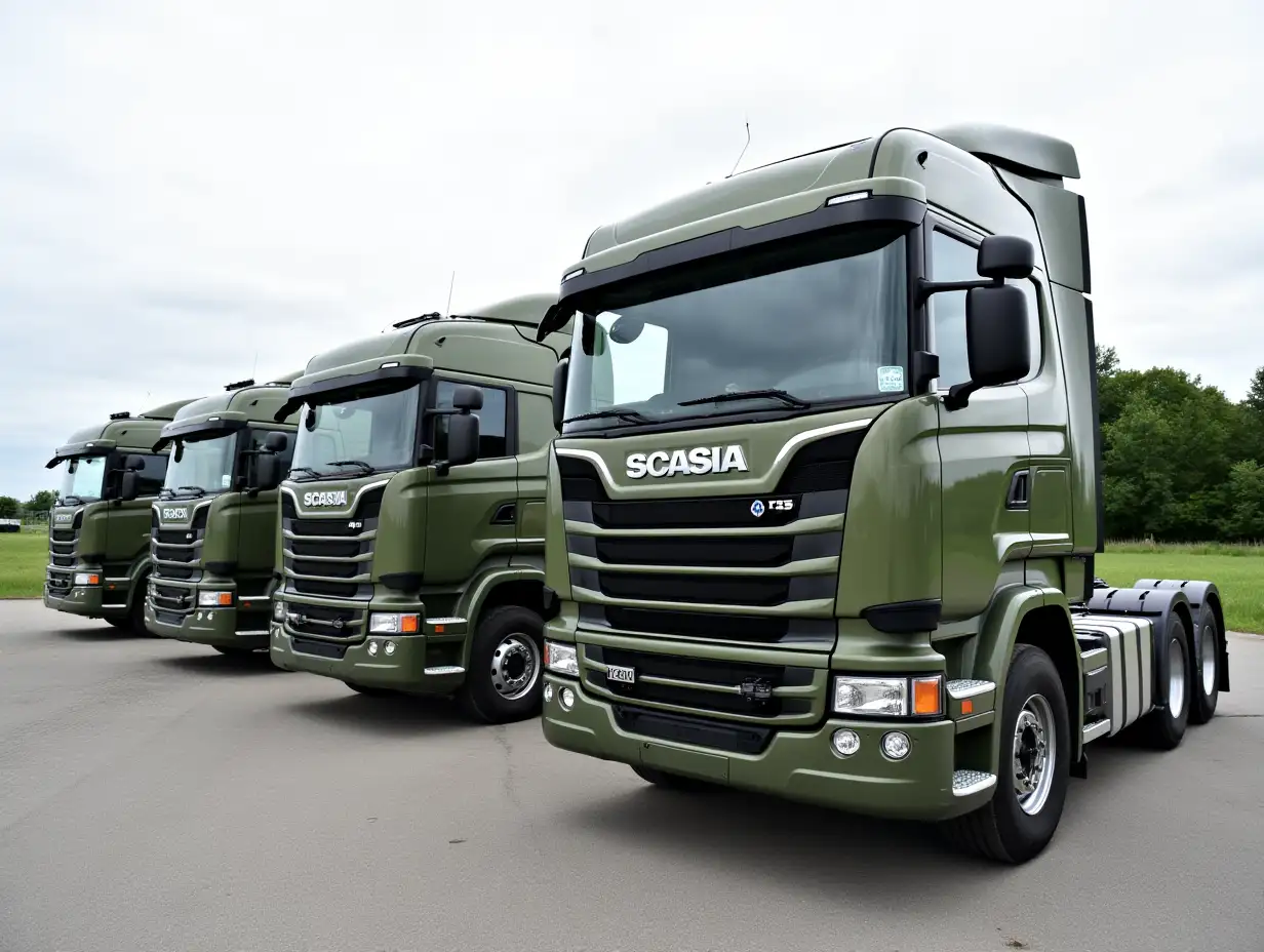 Koblenz, Germany - July 7, 2024 Scania R450 trucks await delivery to the armed forces