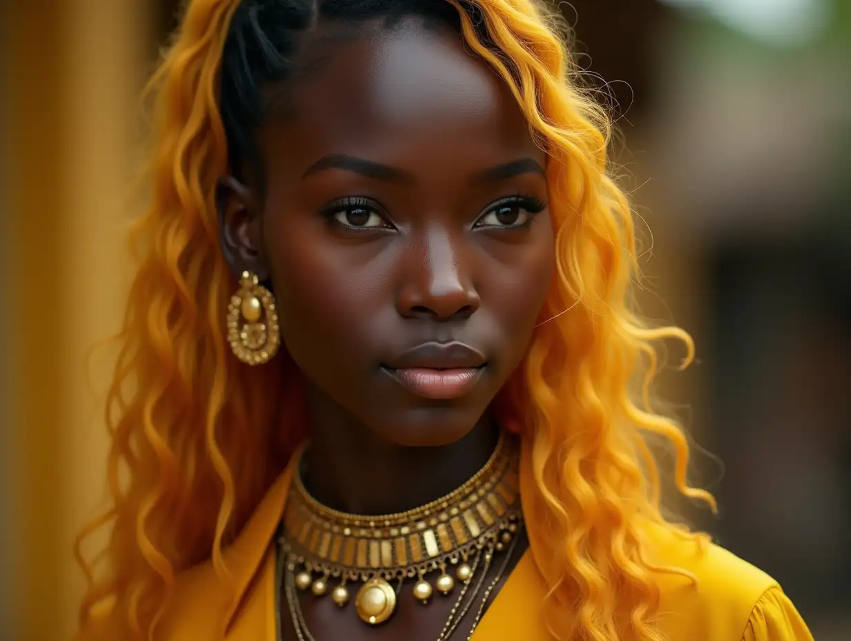 a black Asian princess with yellow hair in a round necklace