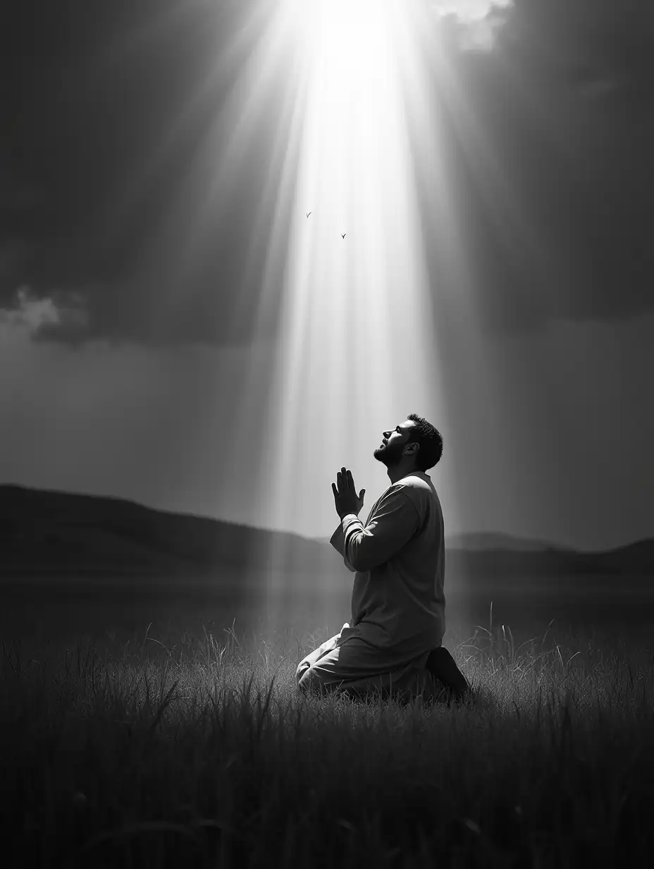 Create a renaissance-style black and white image of a man praying in a field. The man is kneeling with his hands clasped in prayer and his head bowed in deep reverence. A beam of light from the sky descends, illuminating the man as if God is speaking to him. The scene takes place in a vast, serene field with tall grass, and the light contrasts with the darkening sky. The man is dressed in simple, traditional robes, and his expression shows devotion. The landscape is peaceful, with distant hills and a dramatic sky. The beam of light casts a spiritual and sacred atmosphere, highlighting the man and creating strong contrasts with the natural surroundings, the light beam covers him