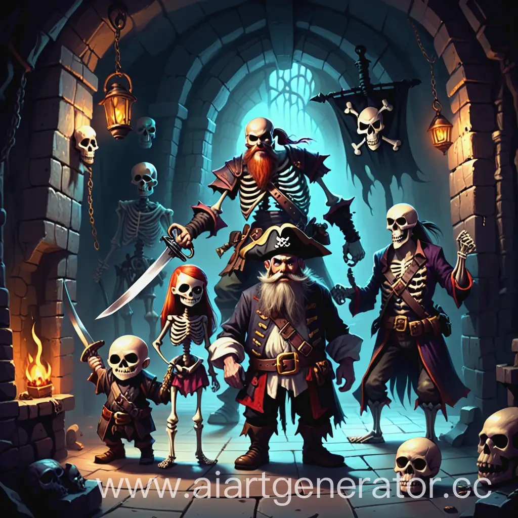 Fantasy-Dungeon-Scene-with-Girl-Dwarf-Pirate-and-Skeleton-Swordfight