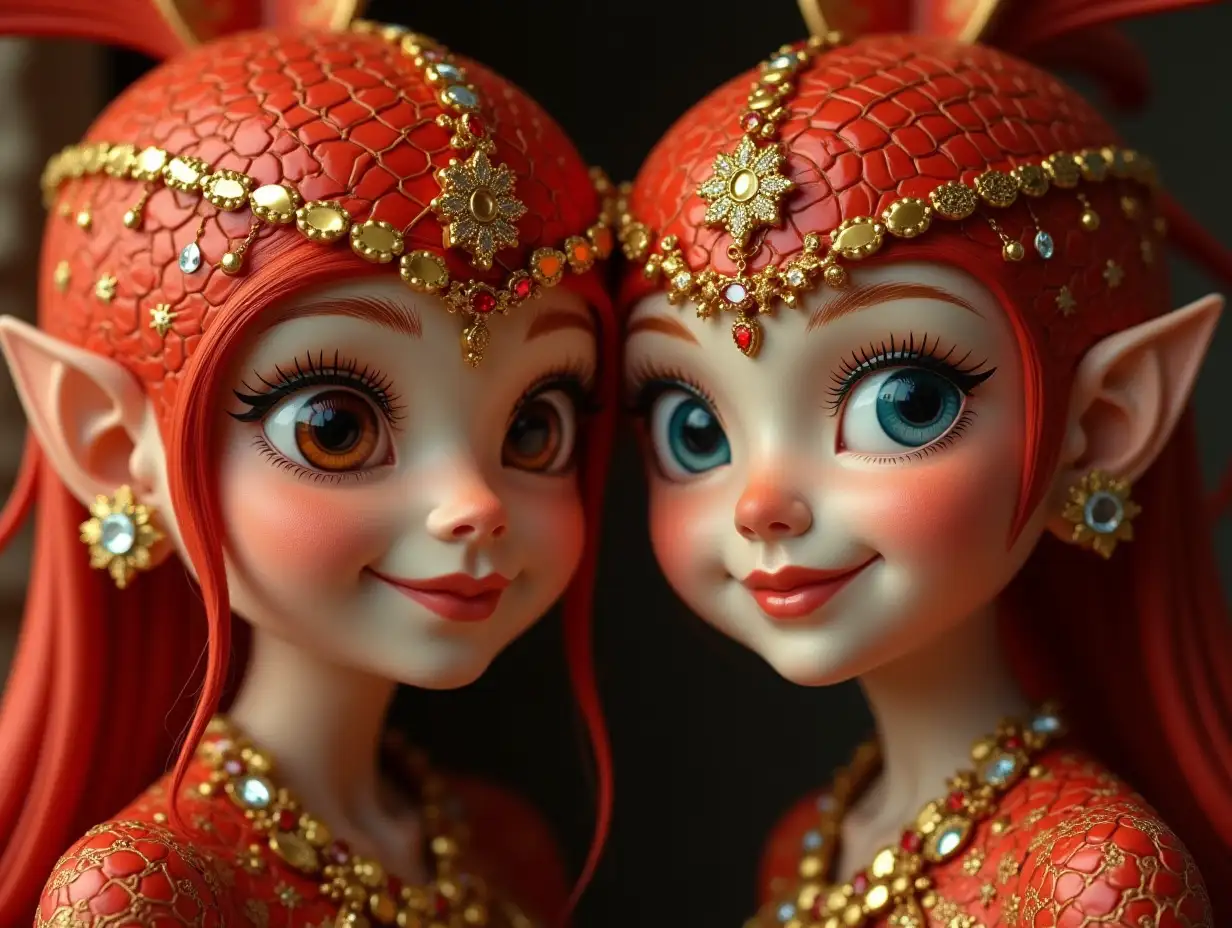 Two young red gold pattern older Fish with Alien face, with red hair, with a slight smile on their face, highlighting their smile, modern retro jewelry, in a temple with many diamonds of various shades 4k