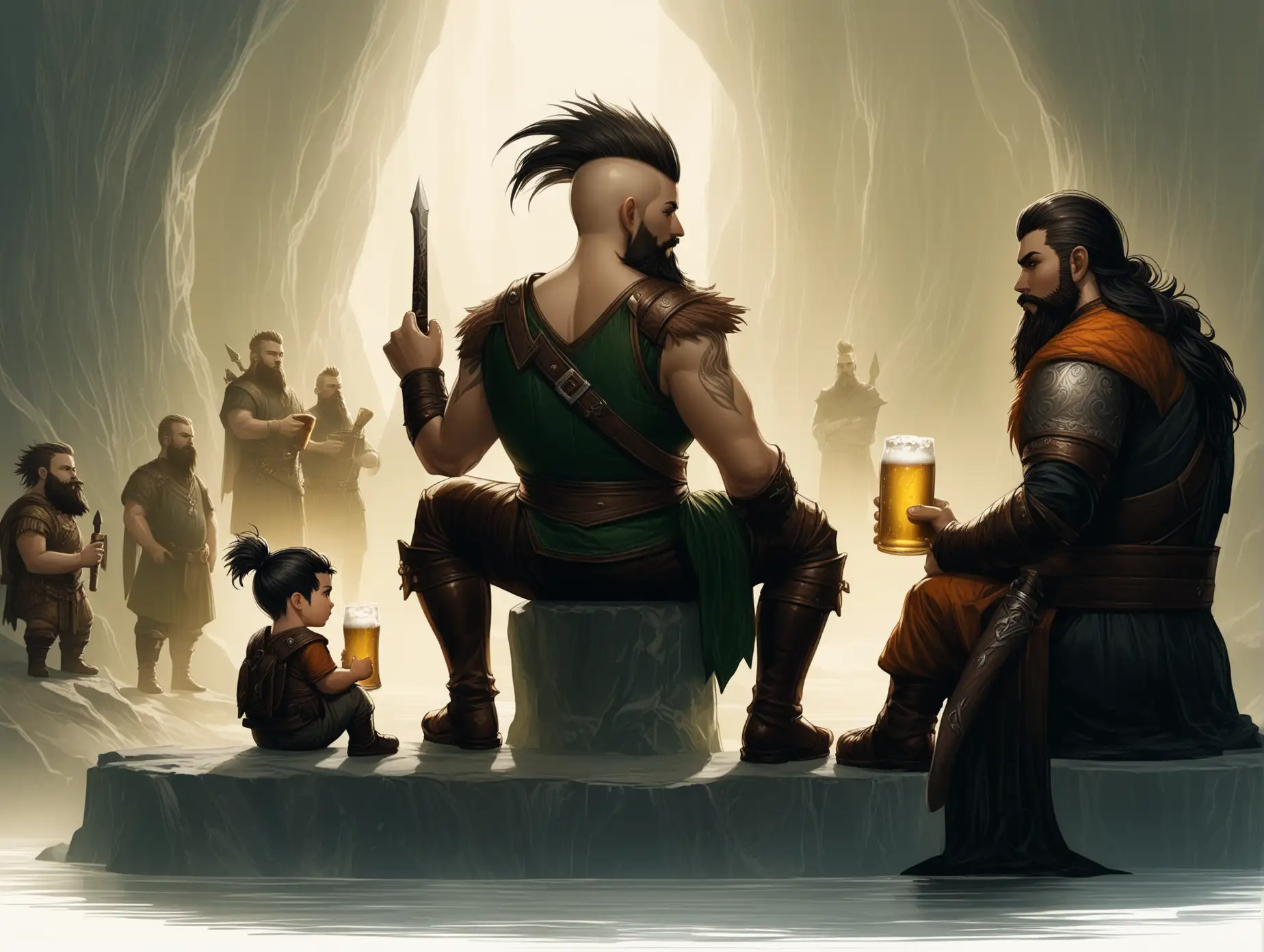 Dwarf-Hunter-with-Mohawk-Sitting-and-Drinking-Beer-in-Fantasy-Setting