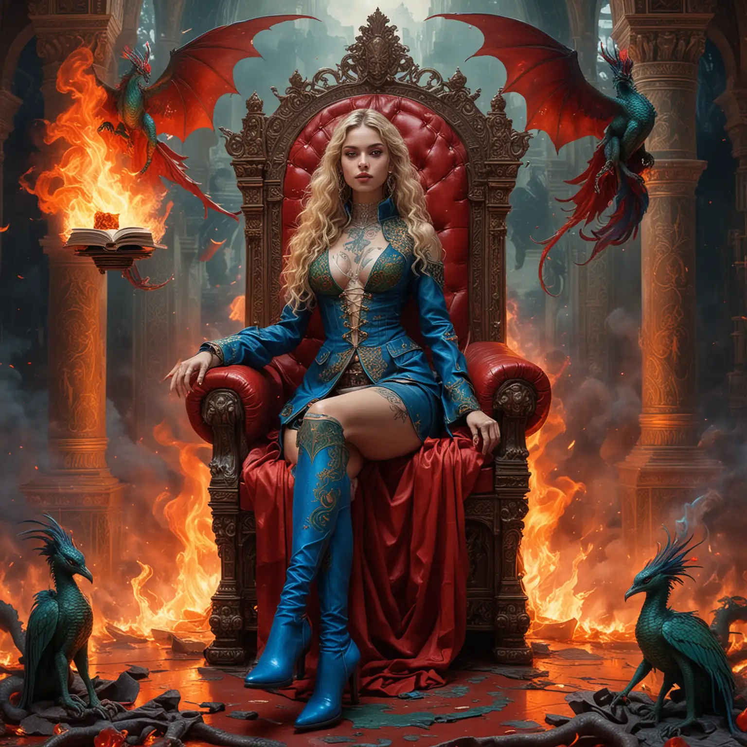 Adolescent Empress Goddess with Fiery Dragons and Majestic Demonic Throne