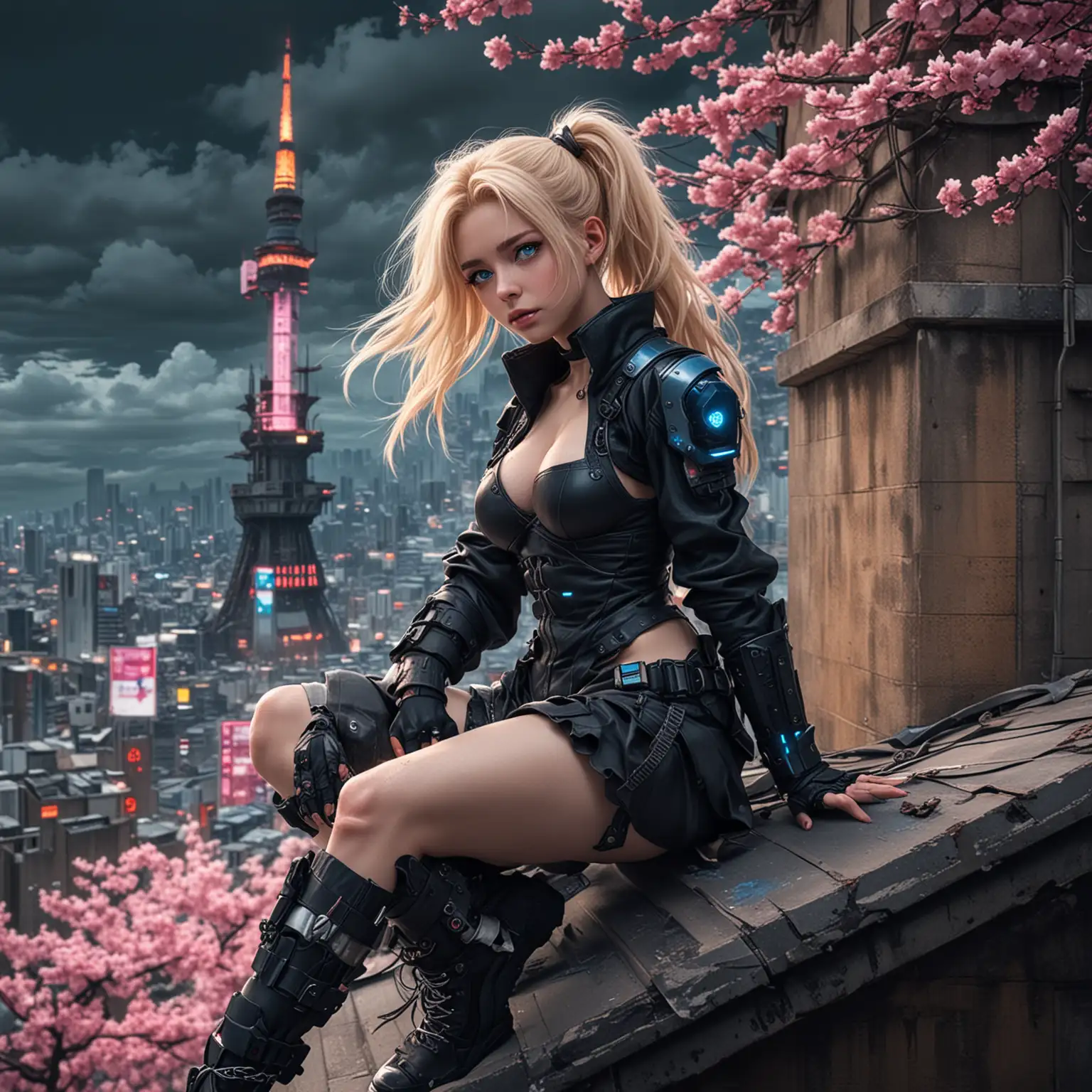 cyberpunk sakura girl escape the agenst on the tower roof , girl has blue eyes ,blonde hair