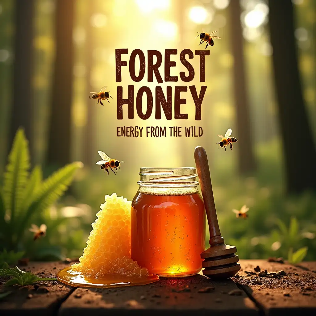 Energetic raw forest honey poster. Background: lush forest with towering pines, ferns, dappled sunlight. Foreground: oversized, textured honeycomb dripping thick, crystallized golden honey. Realistic honey bees in flight. Clear glass jar filled with dark amber, raw honey; rustic wooden dipper leaning against it. Bold text across top: 'Forest Honey: Energy from the Wild' in earthy brown, bark-like font. Color palette: deep forest greens, rich soil browns, golden honey tones. Photorealistic style, sharp focus on honey and bees.