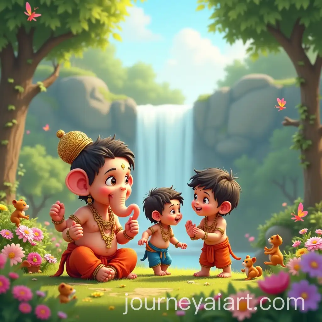 Pixar-StyleAI-Image-Prompt-Expansion-Image-of-Little-Ganesha-Hanuman-and-Krishna-Playing-in-a-Vibrant-Garden-with-Waterfall