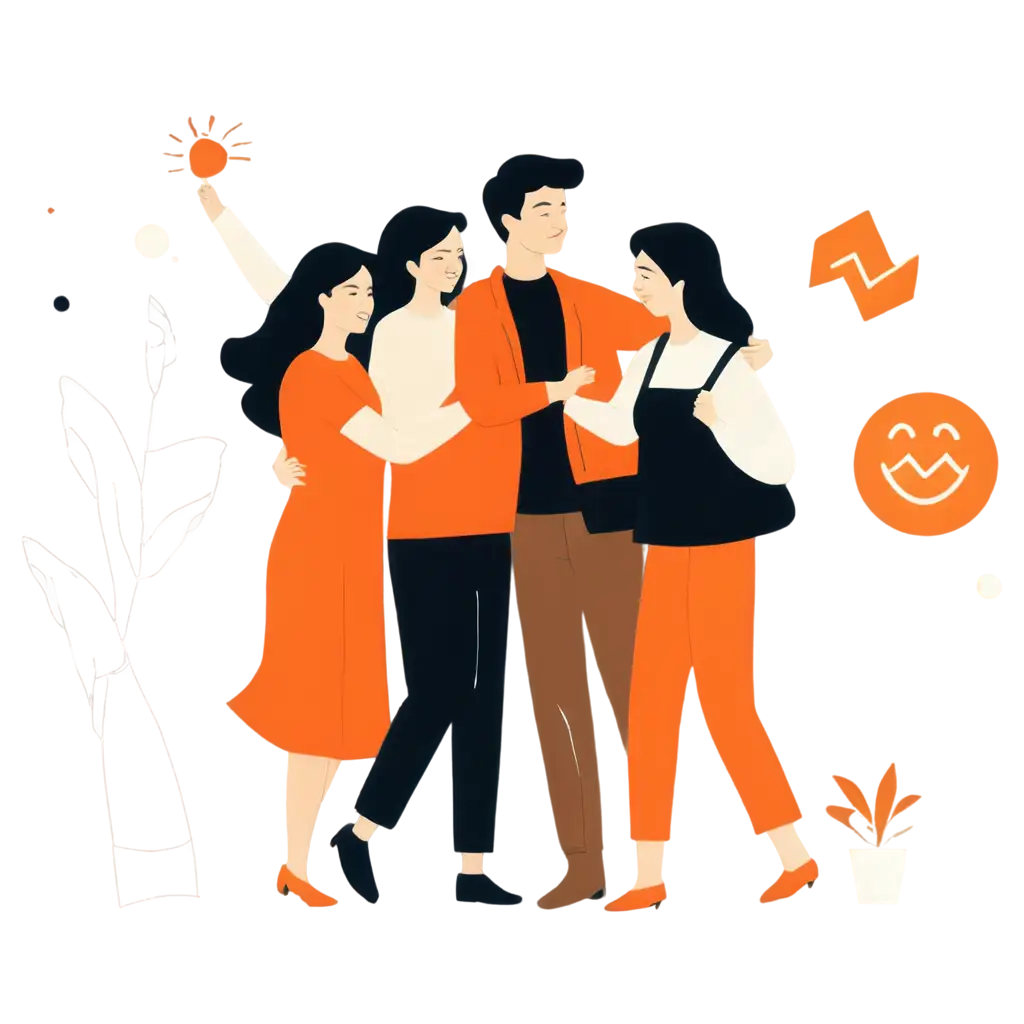 A stylized graphic characterized by a happy family welcoming home a worker after a day of work. The worker, depicted with a black line, is warmly embraced by the family, composed of orange geometric figures. The environment is white, creating a contrast between the characters and their surroundings. The design, characterized by a single black line, can easily be transformed into a logo, illustration or painting, maintaining its essence and simplicity