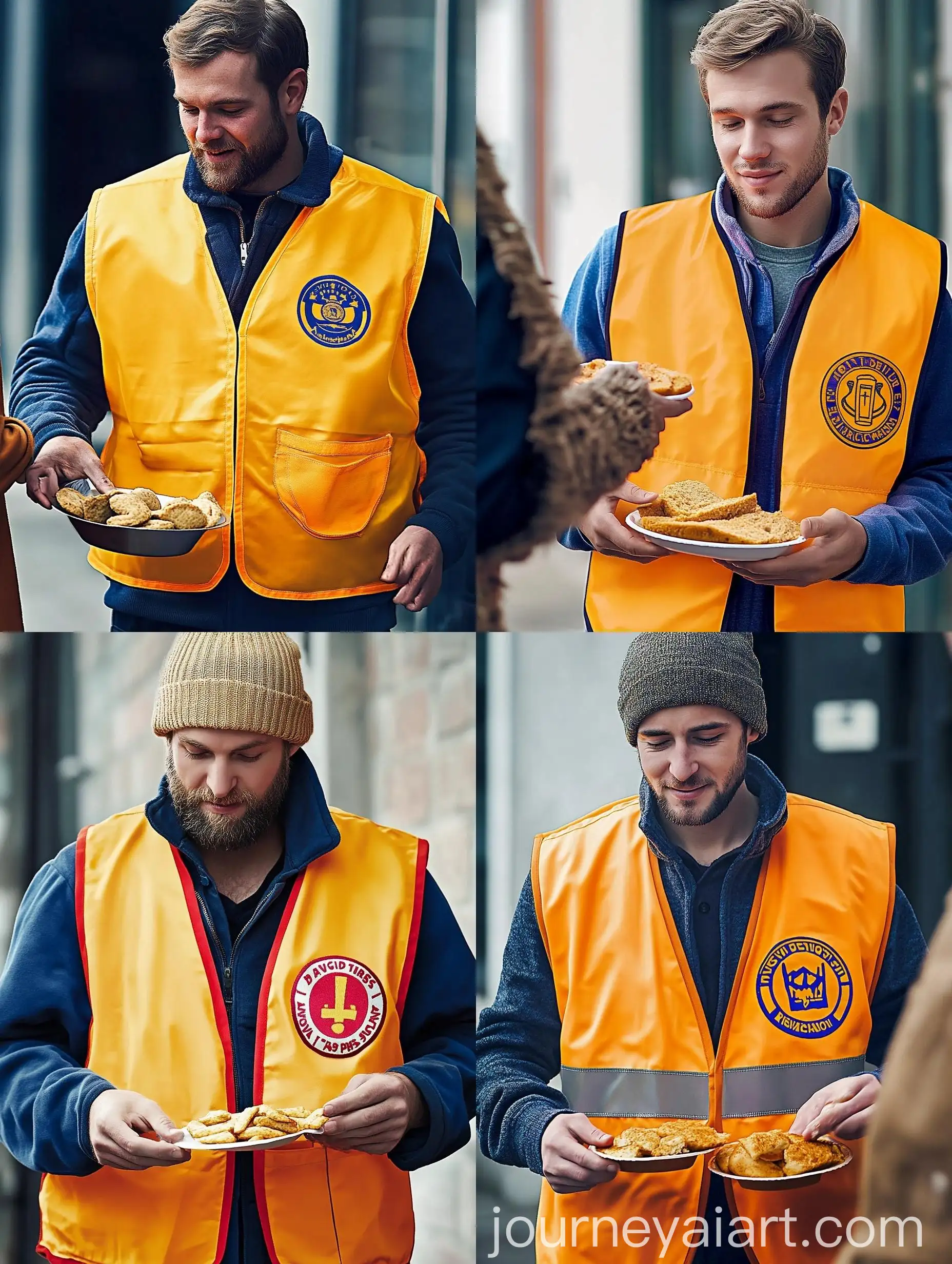 Volunteer-Serving-Food-to-Distressed-Person-in-Protective-Vest
