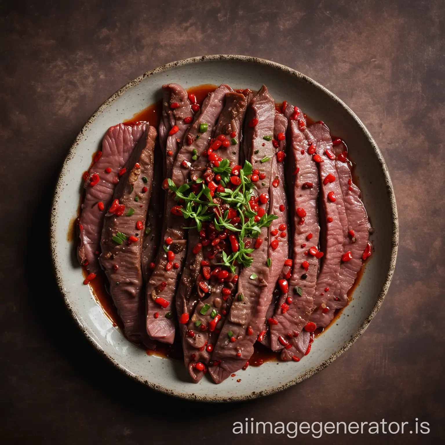 Chili pepper ox tongue, cuisine, large portion, delicious, beautiful, with light and shadow
