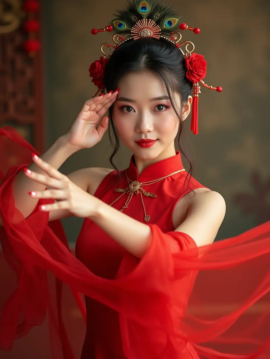 This photograph features a charming Asian woman dressed in a sleeveless red qipao. She poses gracefully while performing wushu, embodying the essence of an enchanting photo shoot. Her lovely hairstyle frames her face perfectly, and she enhances her look with a beautiful peacock hairpin and additional headpieces. With a flirtatious gaze directed at the camera, the image captures her pose in vibrant, lifelike detail, beautifully complemented by stunning lighting that enhances the overall effect. This is a full-body, frontal shot.