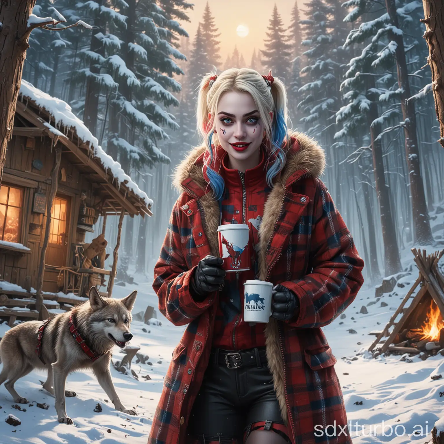 Harley-Quinn-Portrait-in-Snowy-Forest-with-Pet-Wolf-and-Treehouse