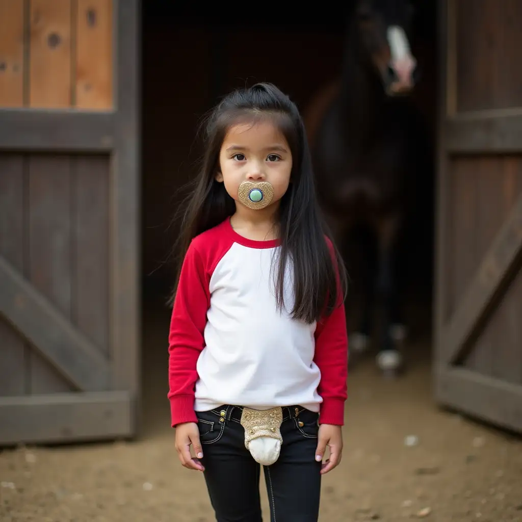 nine year old long black haired girl with emerald green eyes wearing a White and red Long Sleeve Top and a pair of black jeans Gold Glitter Canvas Trainers pacifier in her mouth at horse stables diapered