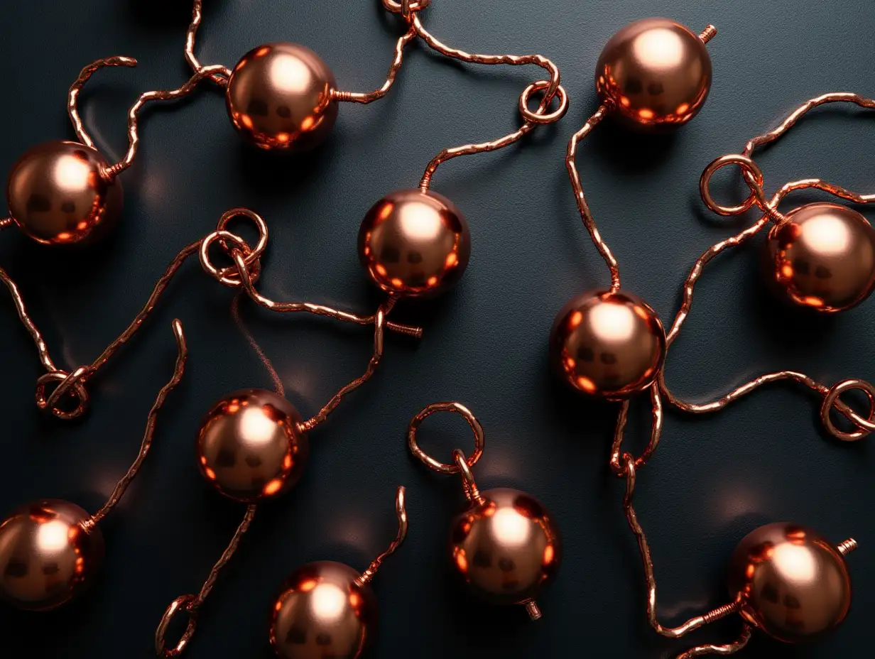 a fotorealistic view directly from above on a black slate surface filling the entire field of vision, copper-colored glossy glass balls are scattered irregularly over the whole area, the balls all have the same size and are connected by thin copper wires