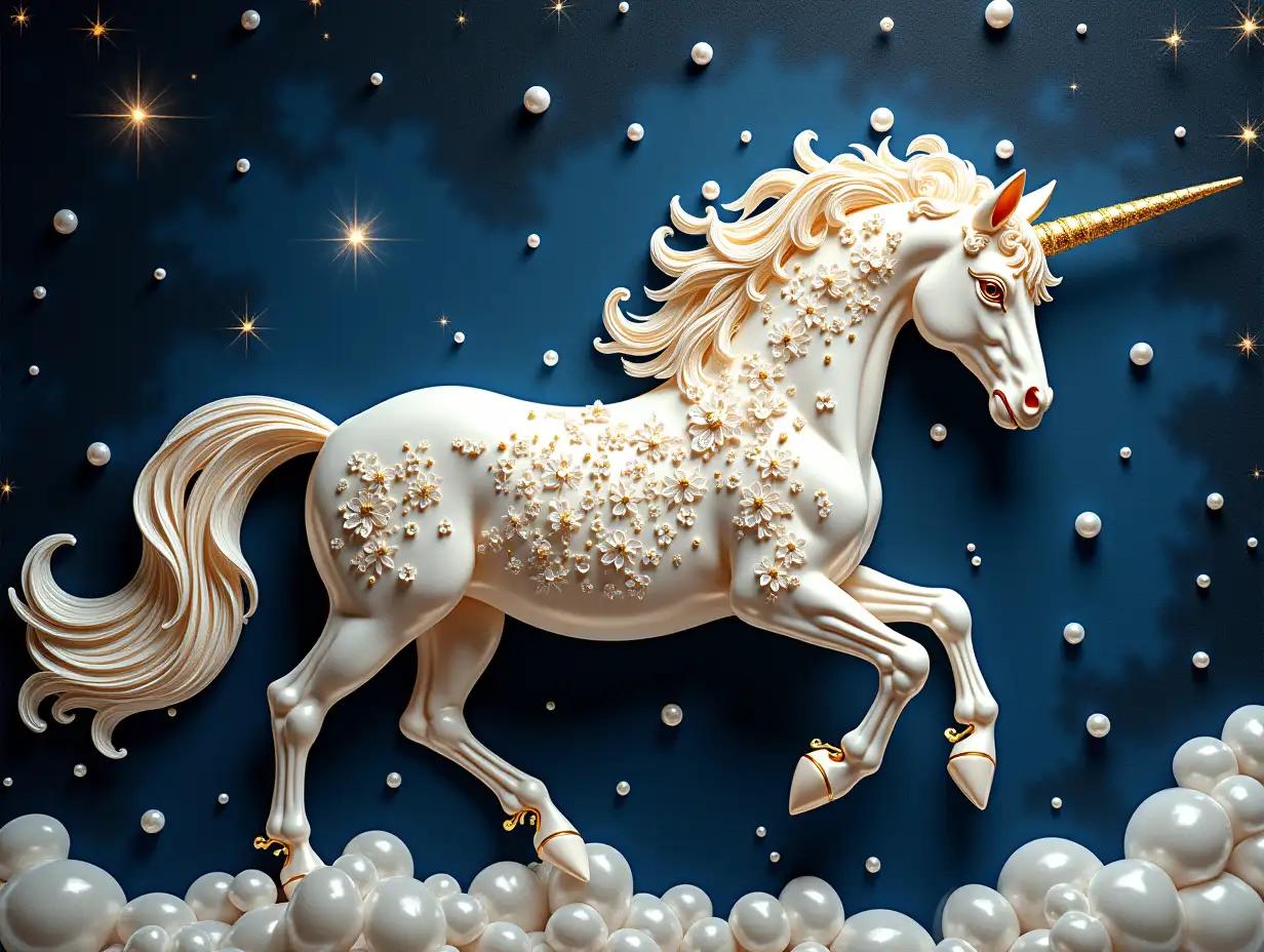 a gorgeous pearly white unicorn composed of pearls,dark-blue cosmic background,quilling, 3D textures,gold filigree patterns,art botanical,highly detailed,elaborateness,intricacy,complexity,HDR,UHD,spotlight