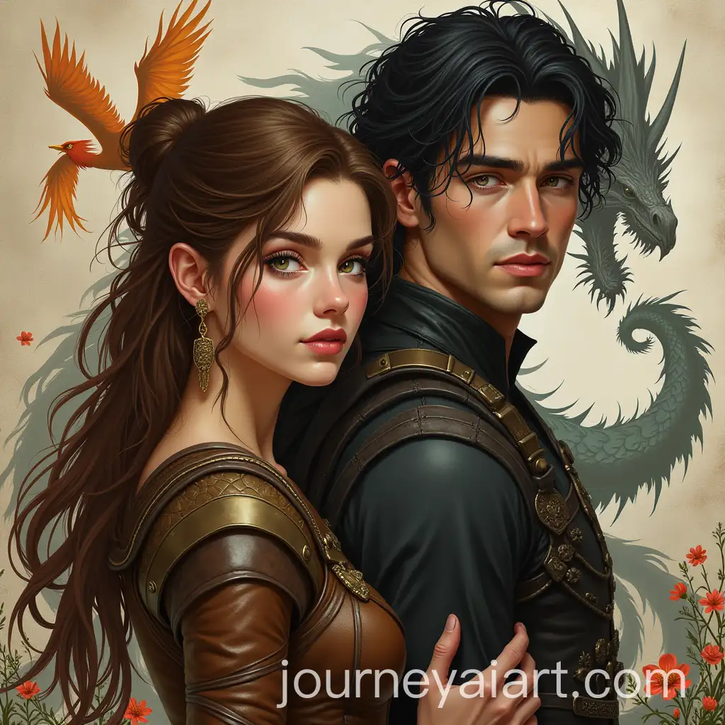 Romantic-Fantasy-Book-Cover-Power-Couple-with-Phoenix-and-Dragon