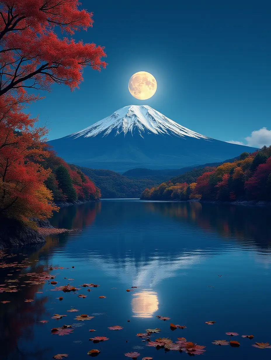 A peaceful autumn night with Mount Fuji illuminated by a glowing full moon. The mountain is surrounded by vibrant autumn foliage in hues of red, orange, and yellow. A tranquil lake at the base of Mount Fuji reflects both the moonlight and the colorful leaves scattered on its surface. The crisp, clear night sky enhances the moon’s brilliance, while the cool autumn air is suggested by gentle ripples on the water. The scene evokes a sense of calm and the fleeting beauty of the fall season.