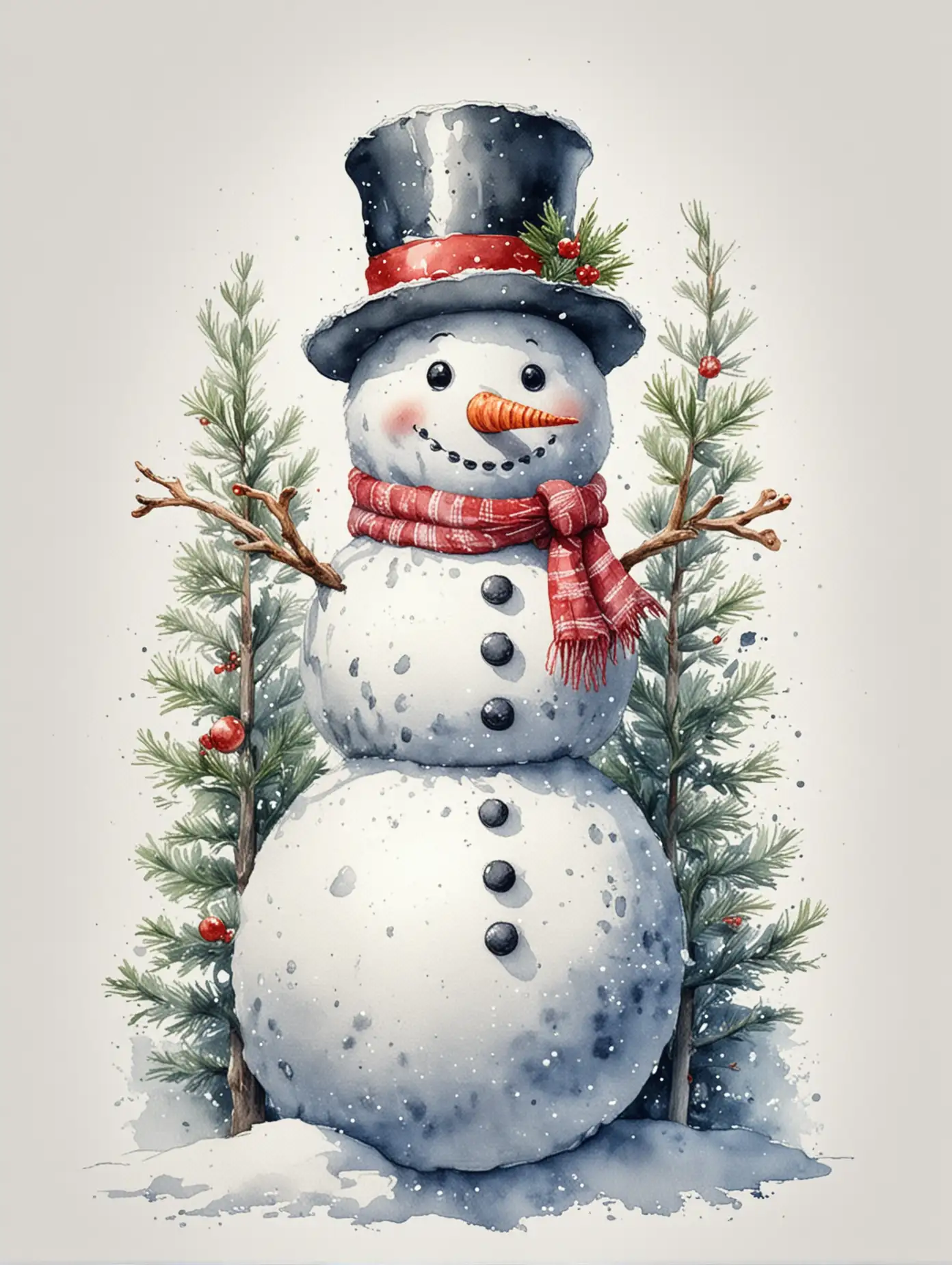 New-Year-Snowman-with-Tree-in-Watercolor-on-White-Background