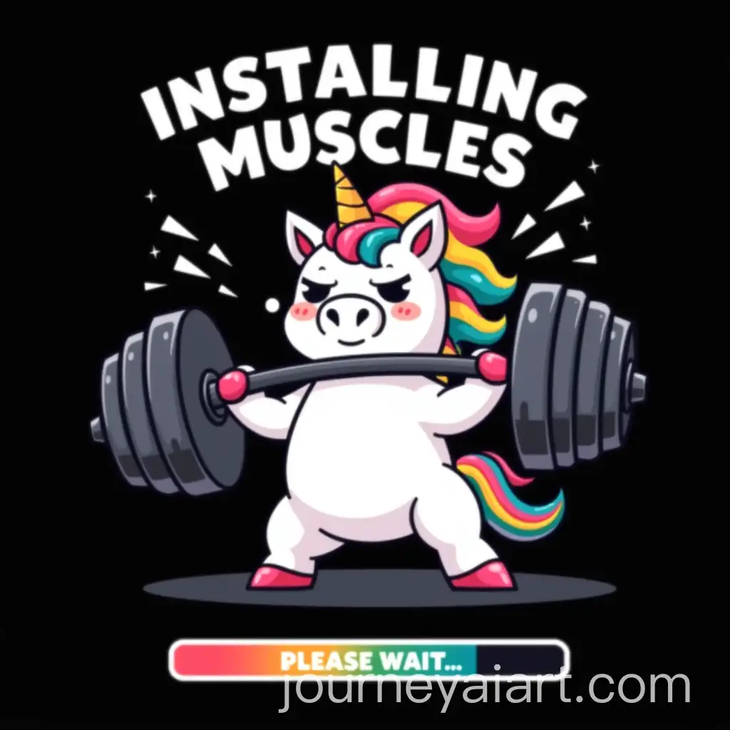 Cute-Cartoon-Unicorn-Straining-to-Lift-Barbell-with-Rainbow-Mane