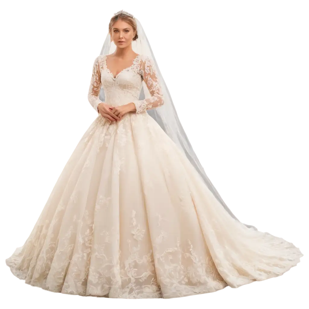 Exquisite-PNG-Image-of-a-Bride-in-LongSleeved-Princess-Dress-with-Lace-and-Embroidery