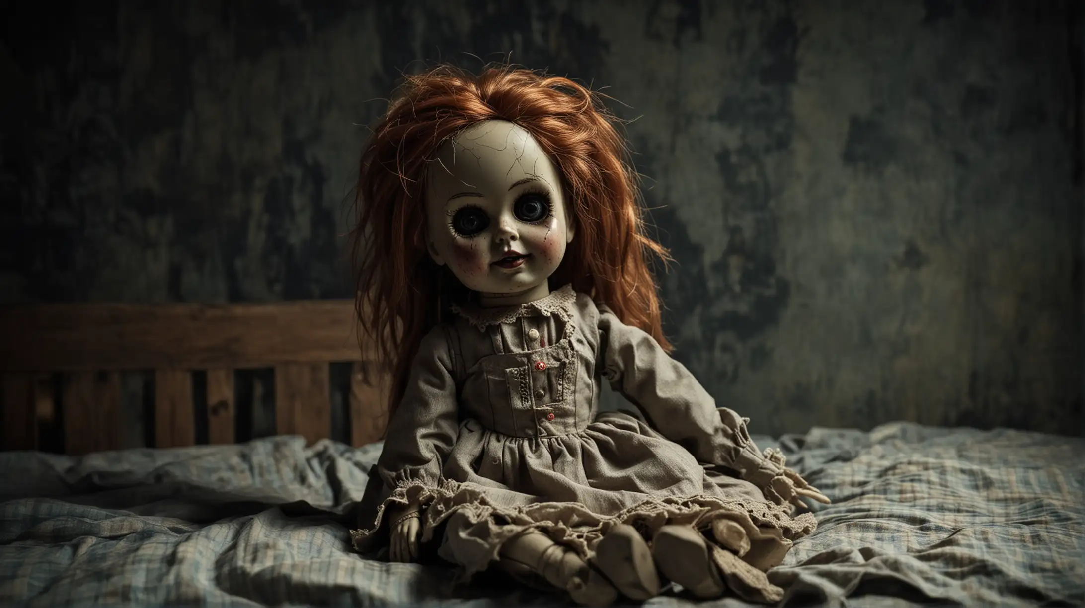 Haunting Antique Doll in Dimly Lit Bedroom