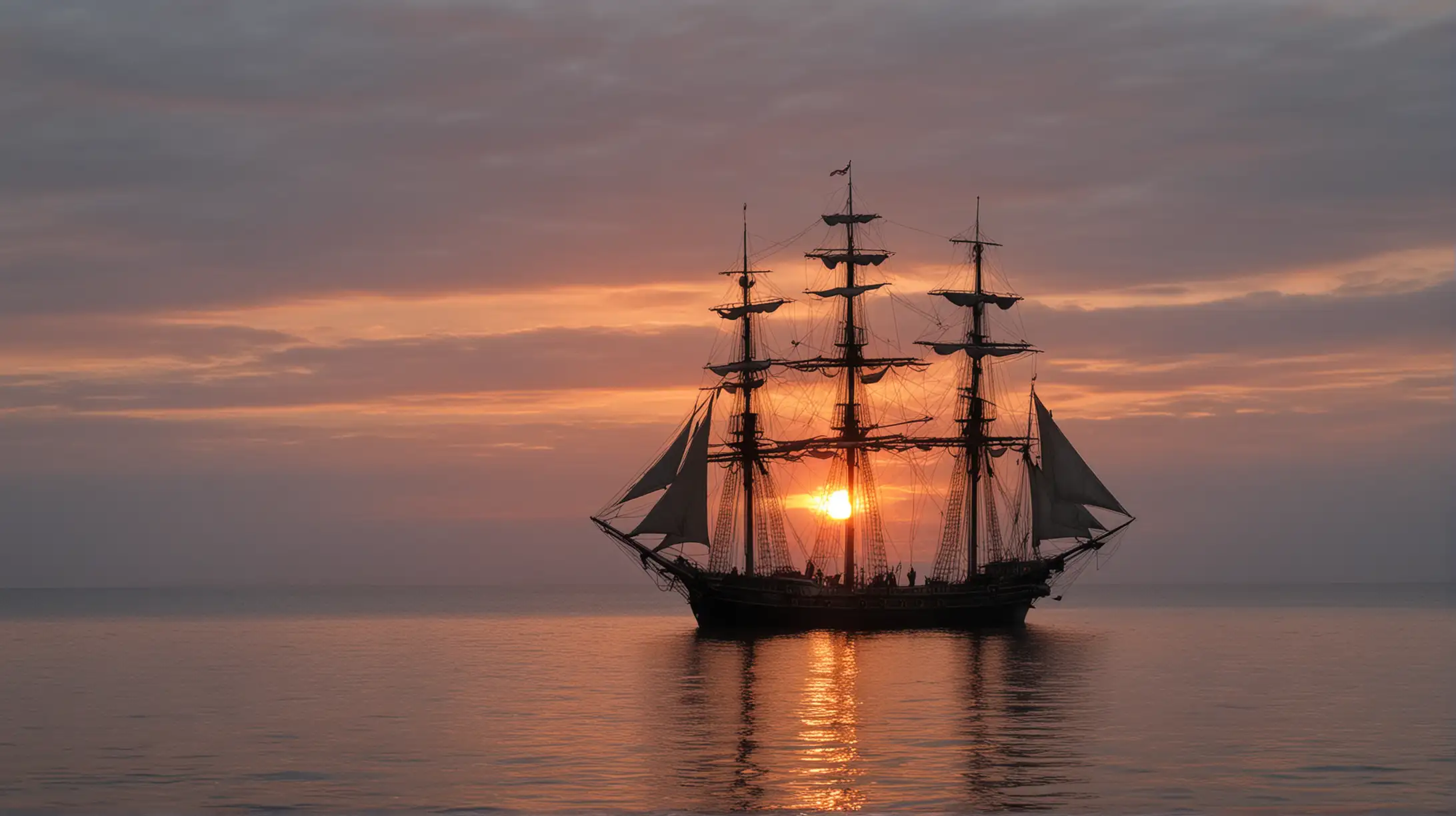 Serene Ocean Sunrise with Tall Ships in Distance