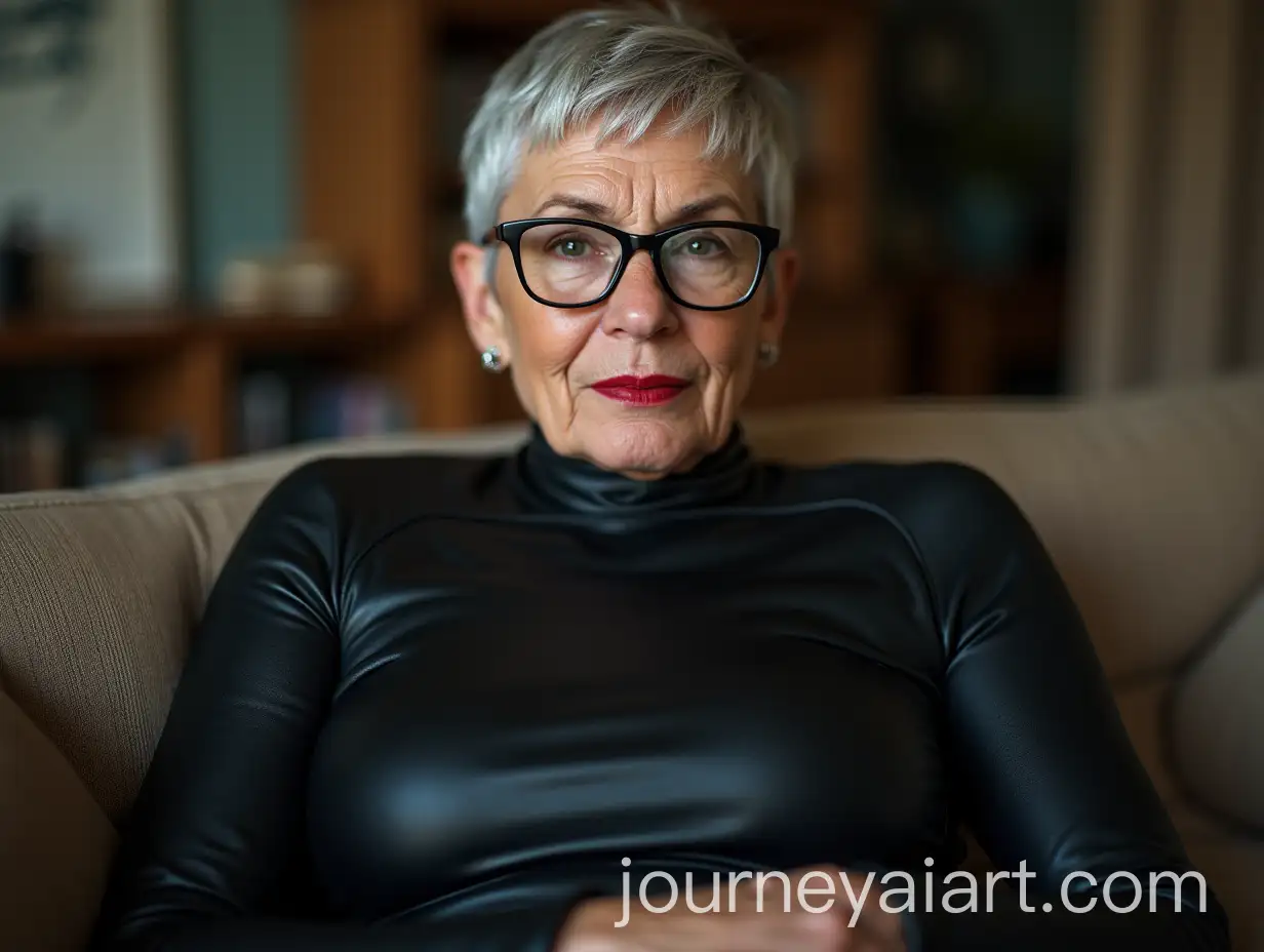 Incredibly-Beautiful-60YearOld-Woman-in-Wetsuit-Sitting-on-Couch-with-Bold-Makeup-and-Glasses