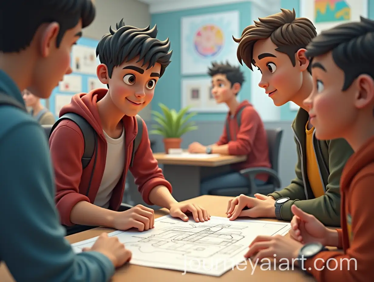 Engineering-Student-Discussing-Blueprint-with-Peers-in-Bustling-Campus