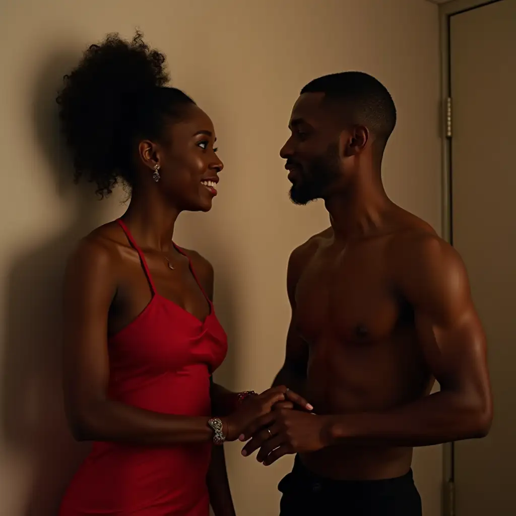 Black-Woman-in-Red-Dress-Engaging-in-Conversation-with-Shirtless-Black-Men