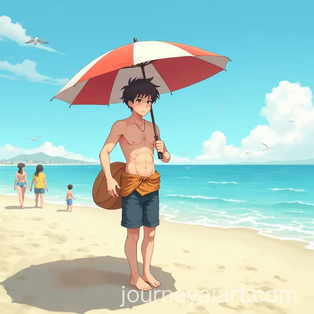 Anime-Guy-Enjoying-Vacation-at-the-Beach-with-Tent-and-Seagulls