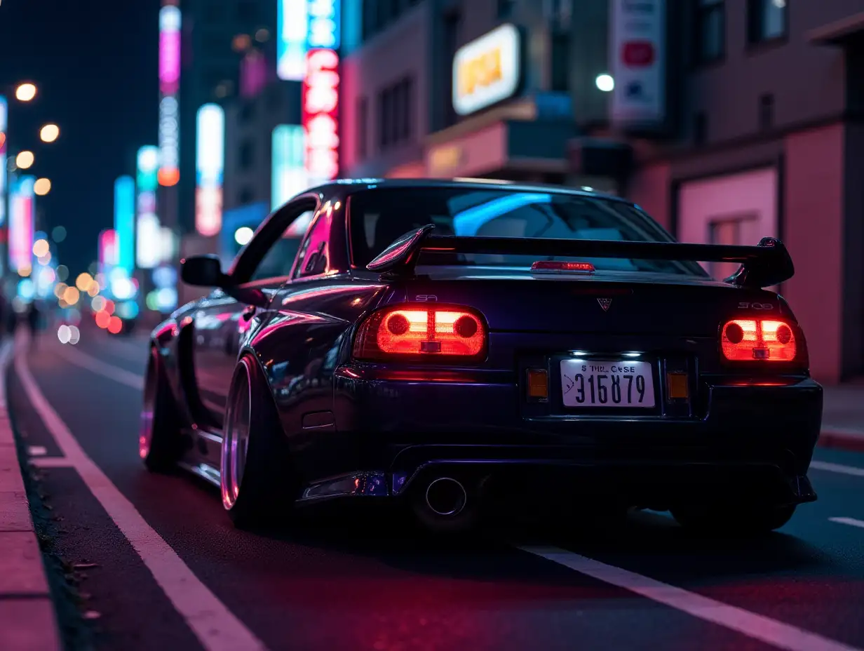 image of a tuned car viewed from the side in a city with neon lights