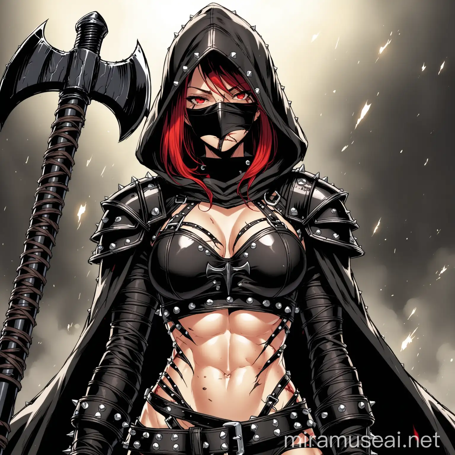 a muscular woman, she has red eyes, (((she has some scars on her face and on her body))). she has red eyes, (((she is dressed in black bandages and battered leather straps))), (((she has a studded steel shoulder pad))), (((she wears a executioner hood living the mouth exposed))) ((( upper face covered bu the hood))). abdominals, abdomen exposed. (((she wears metallic dangly straps))). (((she is holding a executioner big axe on her soulder))). she is smiling, evil smirk. in proud pose. in epic anime