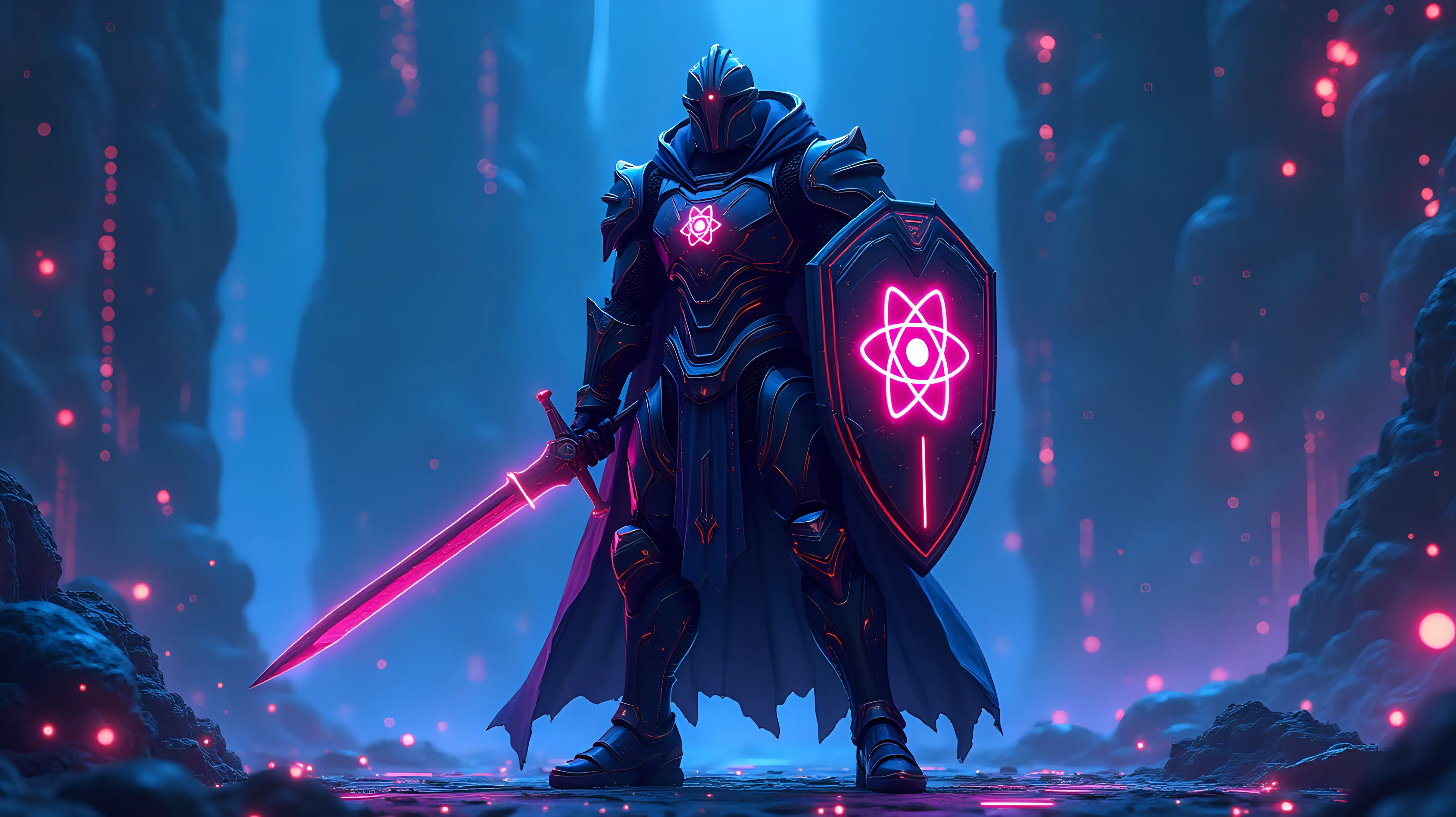 A cyber knight, heavily armored humanoid with sleek futuristic metal plating and glowing neon accents, standing in a defensive but threatening stance, holding a high-tech shield featuring a glowing atomic symbol like in the attached image on one arm, and wielding a futuristic sword in the other hand, set in a vast digital landscape filled with neon circuitry patterns and glowing blockchain connections, vibrant hues of electric blue, neon pink, and deep indigo, dark sci-fi atmosphere, highly detailed, digital illustration