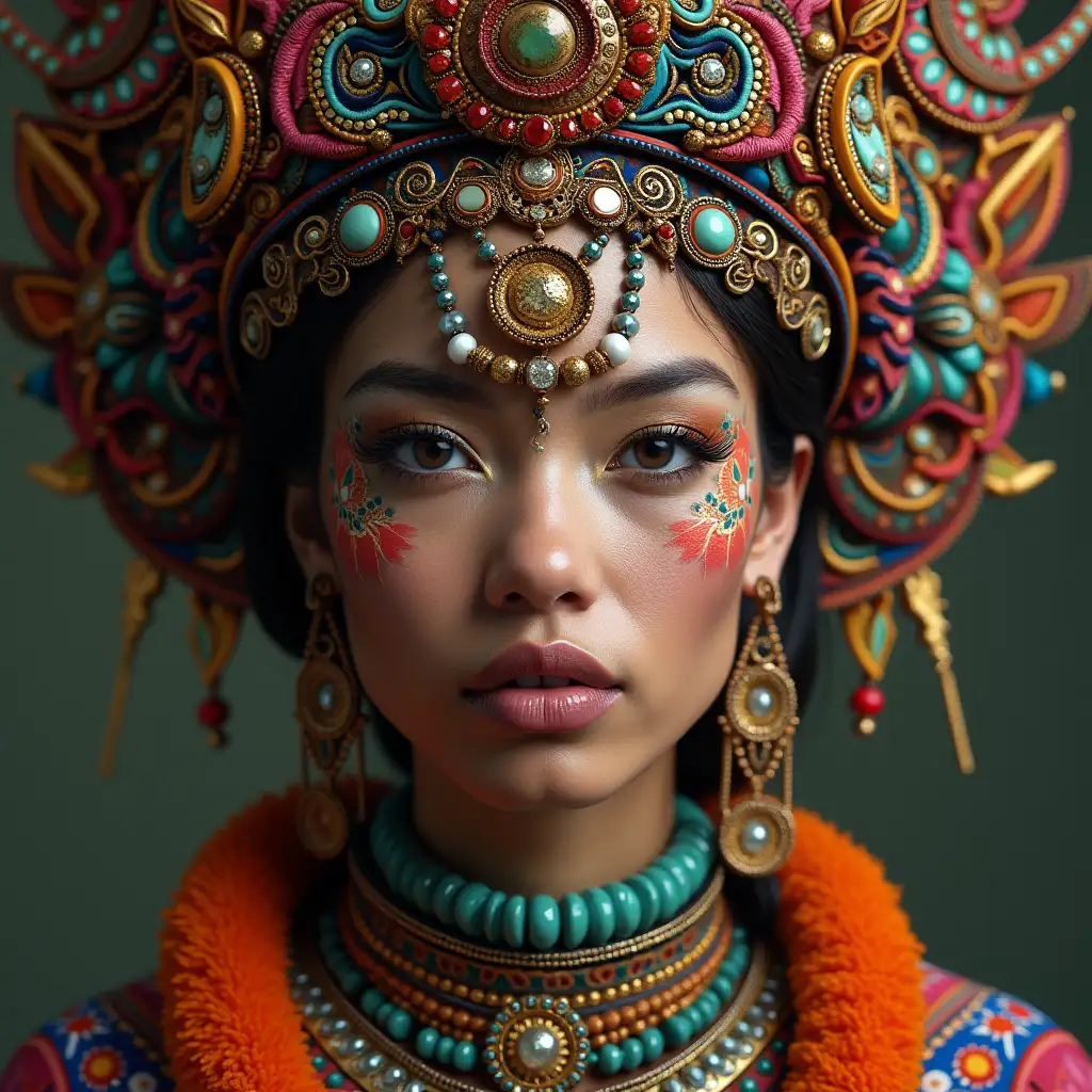 Hyperrealistic portrait of a beautiful Guanche woman, wearing elaborately detailed, colorful and futuristic jewelry.