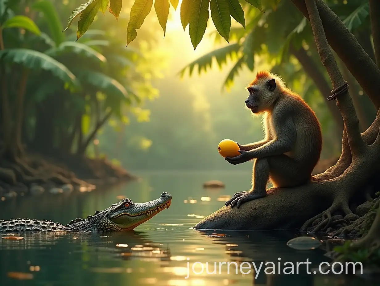 Indian-Monkey-Offering-Mango-to-Crocodile-by-Jungle-River