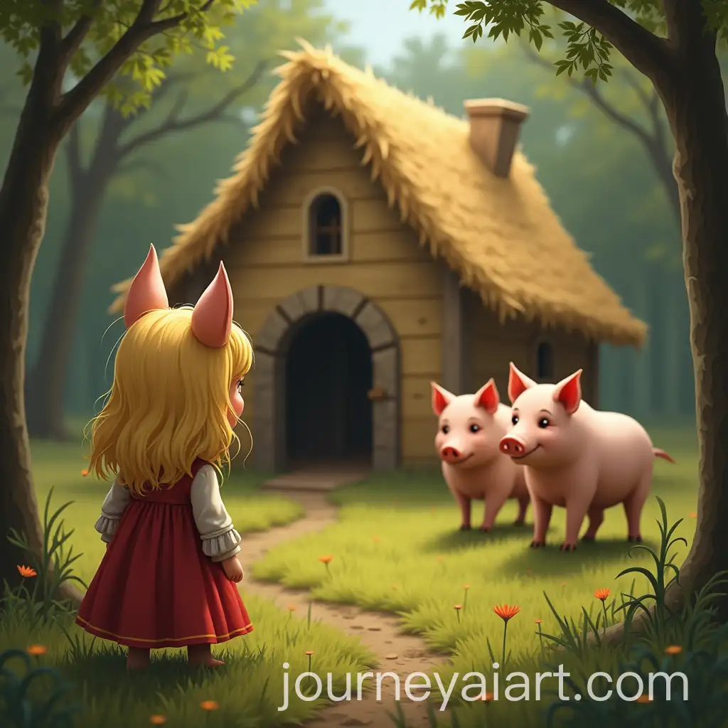 Blonde-Girl-with-Wolf-Ears-Staring-at-Three-Little-Pigs-in-Front-of-Straw-House-in-the-Woods