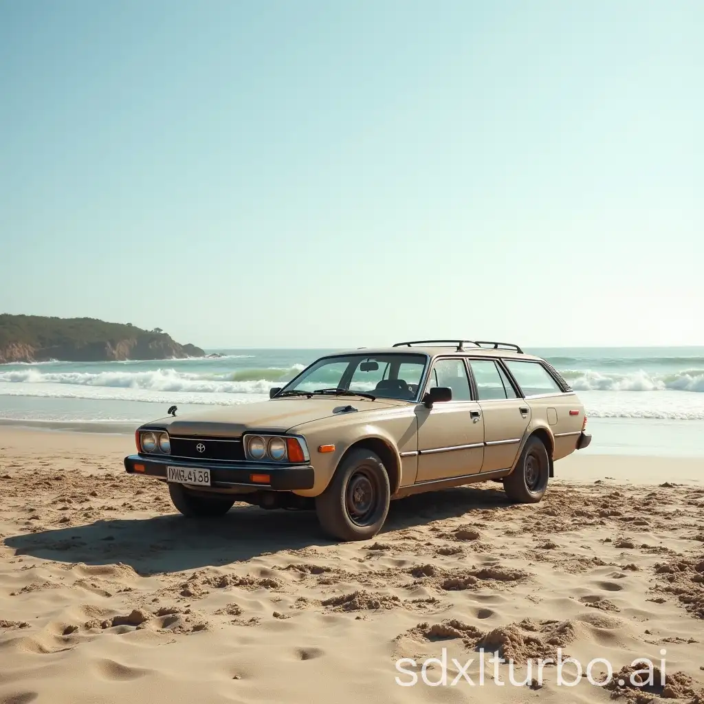 an old toyota allroad car sunbathing on the beach