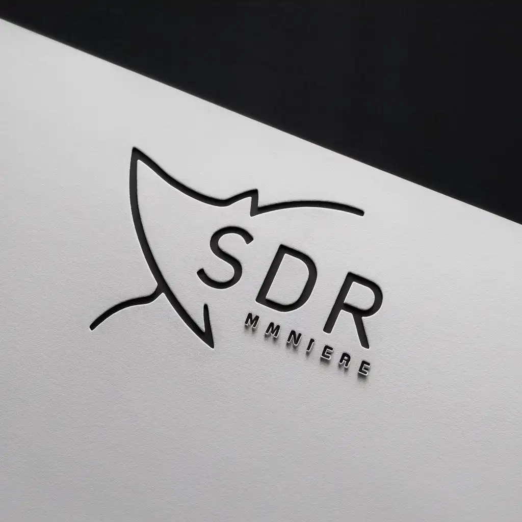 Create a minimalist and sleek logo design for the brand SDR. The logo shows the outline of a stylized manta ray and the letters SDR. The font is sans-serif, which adds to the modern and clean aesthetic. There is adequate spacing between the manta ray and the text, ensuring that each element is distinct and easy to read. The logo is black and the background white. The overall style of the design is minimalist and elegant, suggesting a modern and professional brand identity.